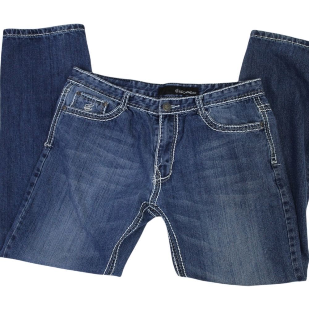 Rocawear heavy stitch straight leg distressed denim jeans size 34x32